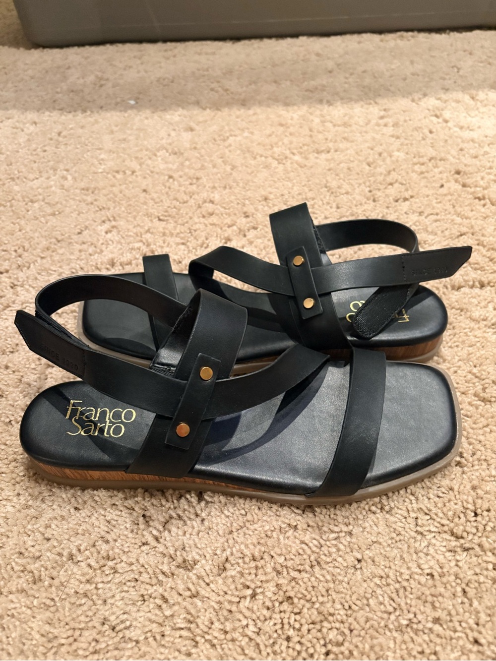 Franco Sarto Black Leather Strappy Sandals with Gold Studs